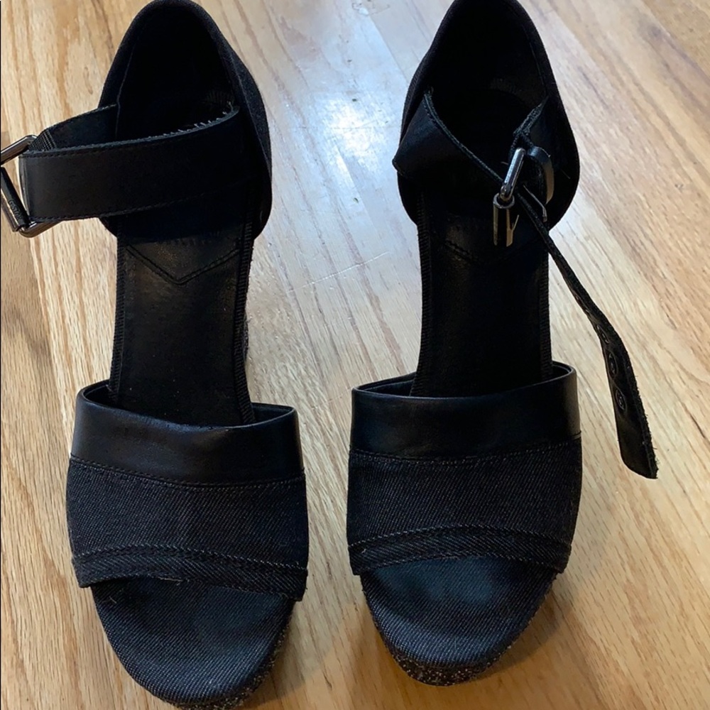 Black denim wedge sandals